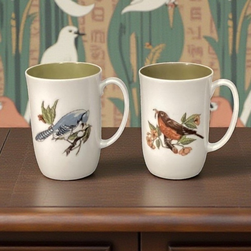Fitz & Floyd Wild Birds Coffee Cups, Set of 2, Blue Jay and Robin Design Mugs